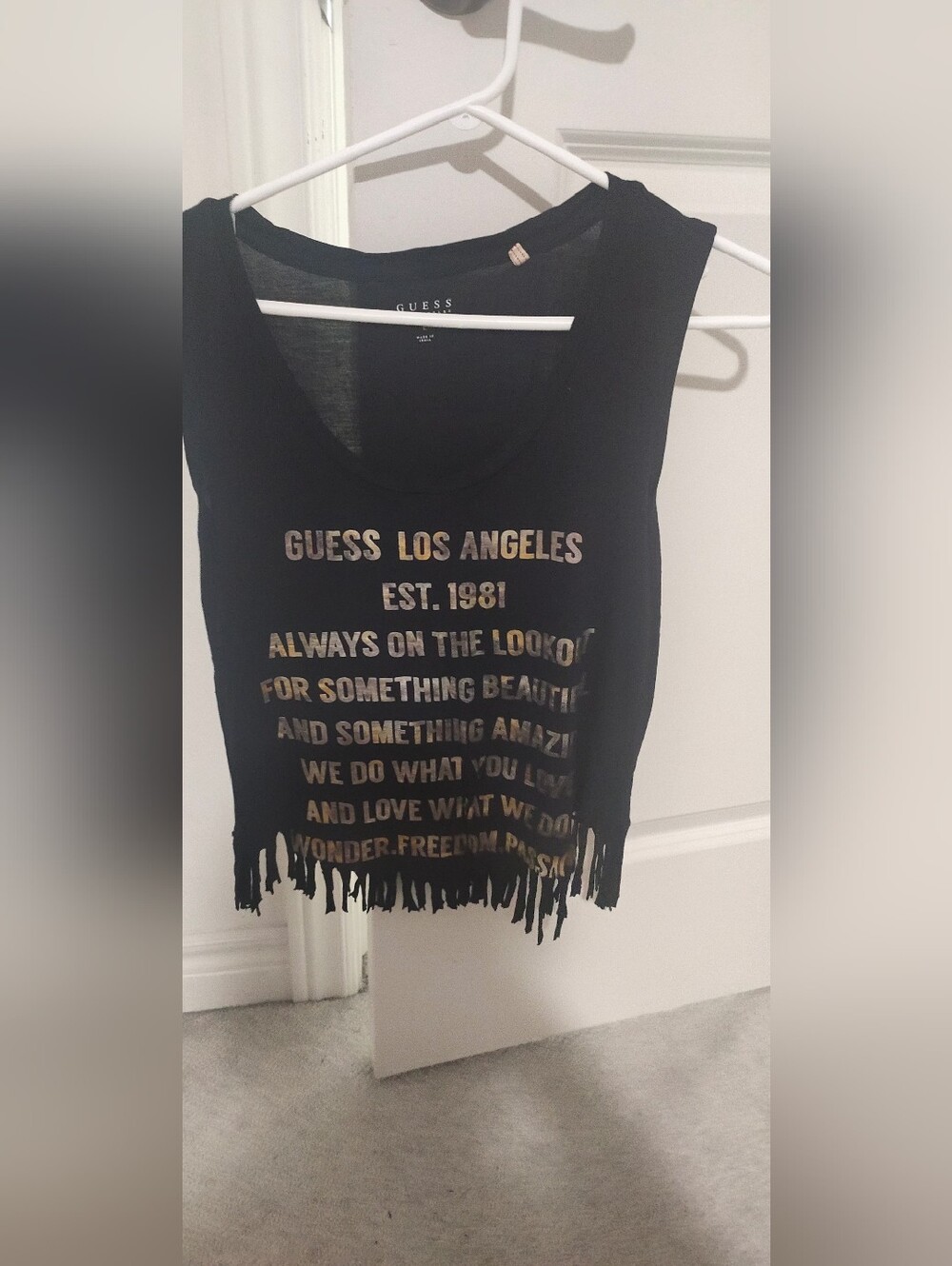 Guess Black Fringe Logo Tank with Metallic Gold Text